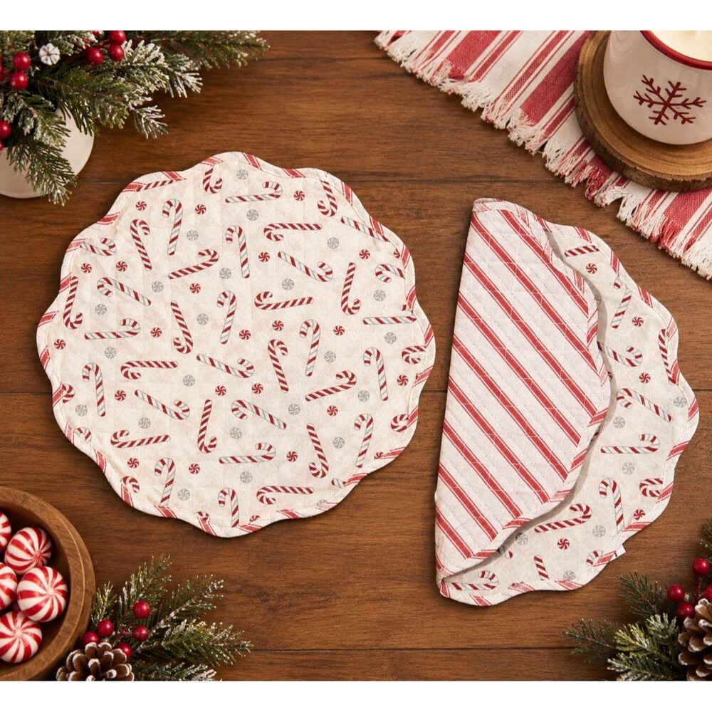 CUPCAKES & CASHMERE CANDY CANE Placemat set 7 Red Silver CHRISTMAS Cloth Quilted